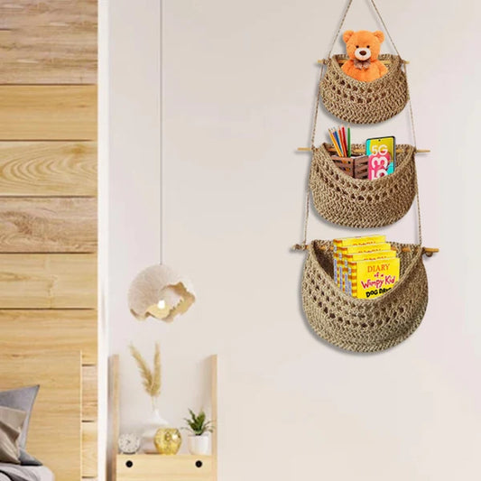3-Tier Wall Crafts Mount Crochet Jute Hanging Basket Image-2