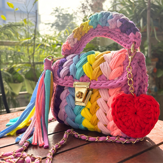 Shiroli Crafts Handmade Designer Festive Rainbow Crochet Bag With Heart Shaped Key Chain - Image 2