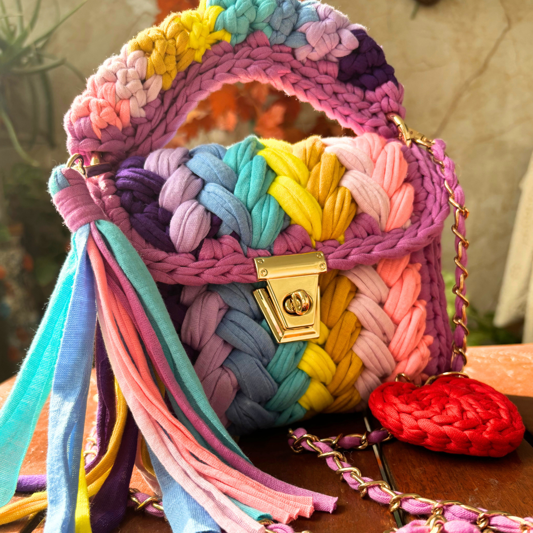 Shiroli Crafts Handmade Designer Festive Rainbow Crochet Bag With Heart Shaped Key Chain - Image 3