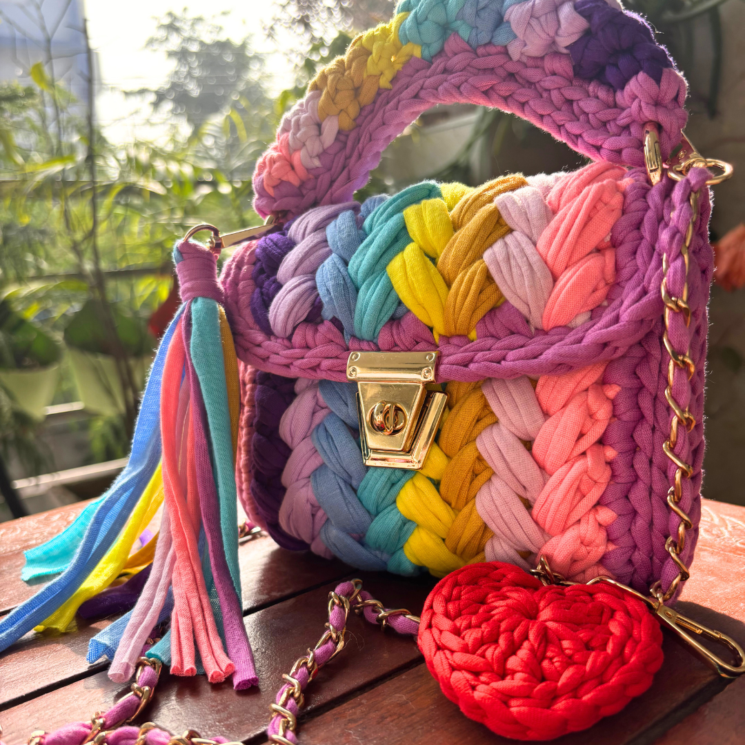 Shiroli Crafts Handmade Designer Festive Rainbow Crochet Bag With Heart Shaped Key Chain - Image 4