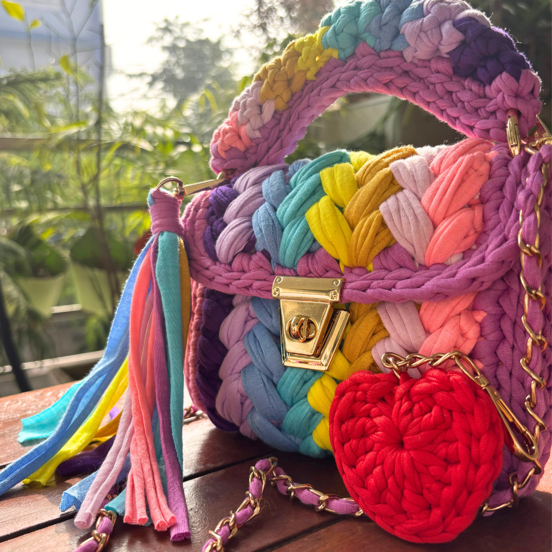 Shiroli Crafts Handmade Designer Festive Rainbow Crochet Bag With Heart Shaped Key Chain - Image 5