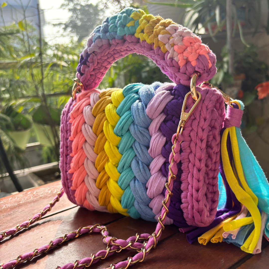 Shiroli Crafts Handmade Designer Festive Rainbow Crochet Bag With Heart Shaped Key Chain - Image 6