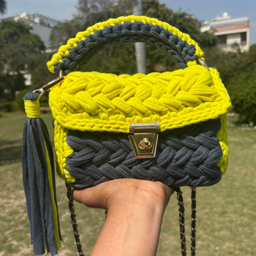 Shiroli Craft Designer Lemon-Grey Handmade Crochet Bag - Image 4