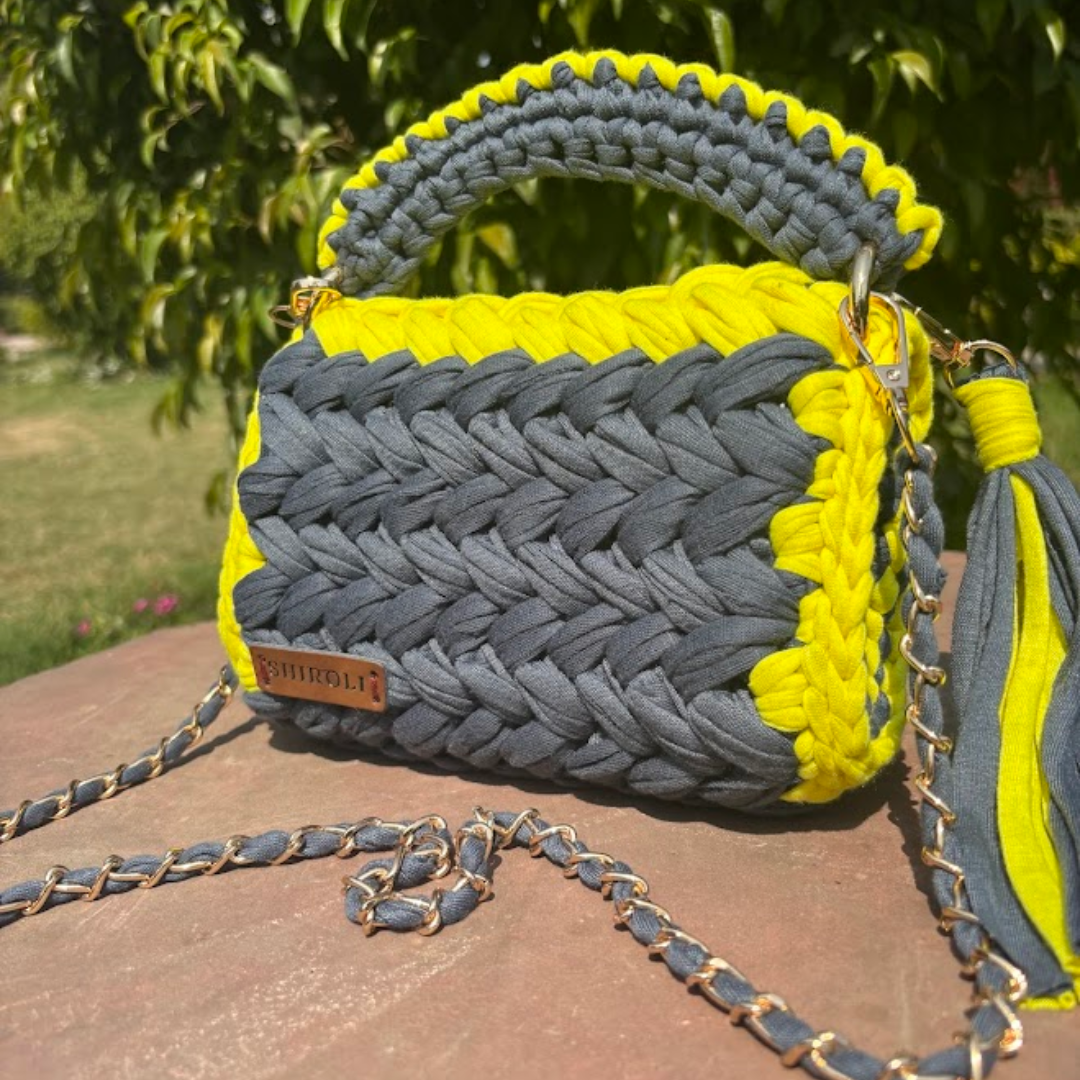 Shiroli Craft Designer Lemon-Grey Handmade Crochet Bag - Image 5
