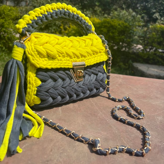 Shiroli Craft Designer Lemon-Grey Handmade Crochet Bag - Image 2
