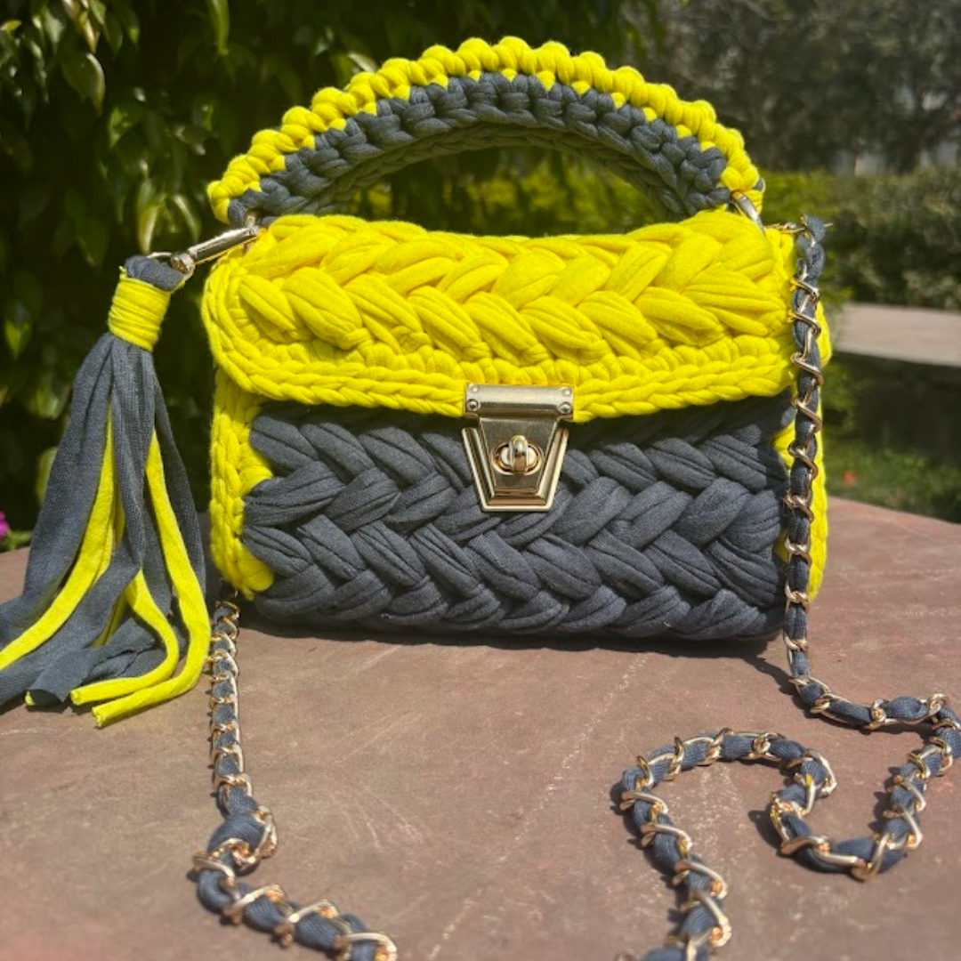 Shiroli Craft Designer Lemon-Grey Handmade Crochet Bag - Image 3