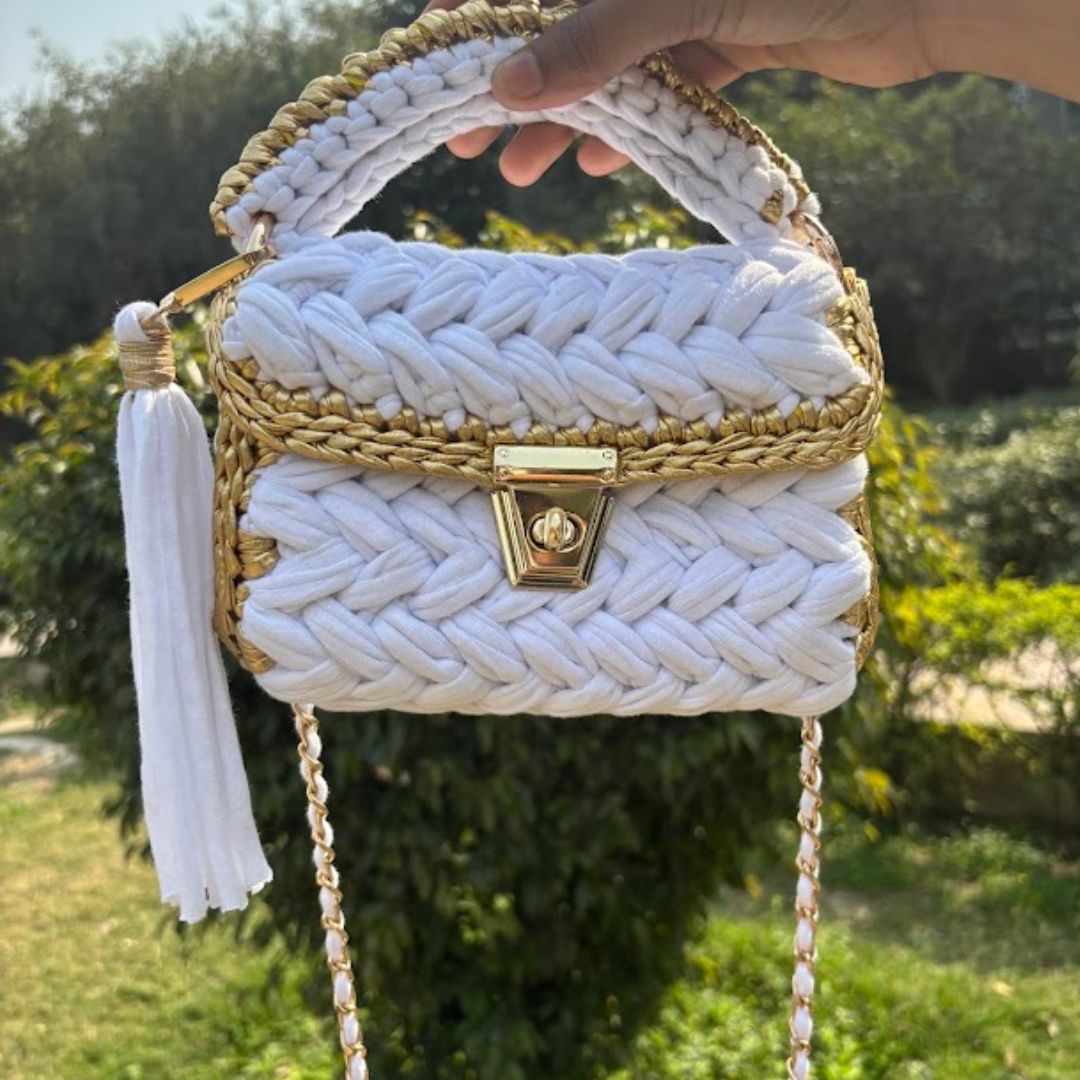 Shiroli Craft Snow White Handmade Crochet Bag with Metallic Gold Border - Image 3
