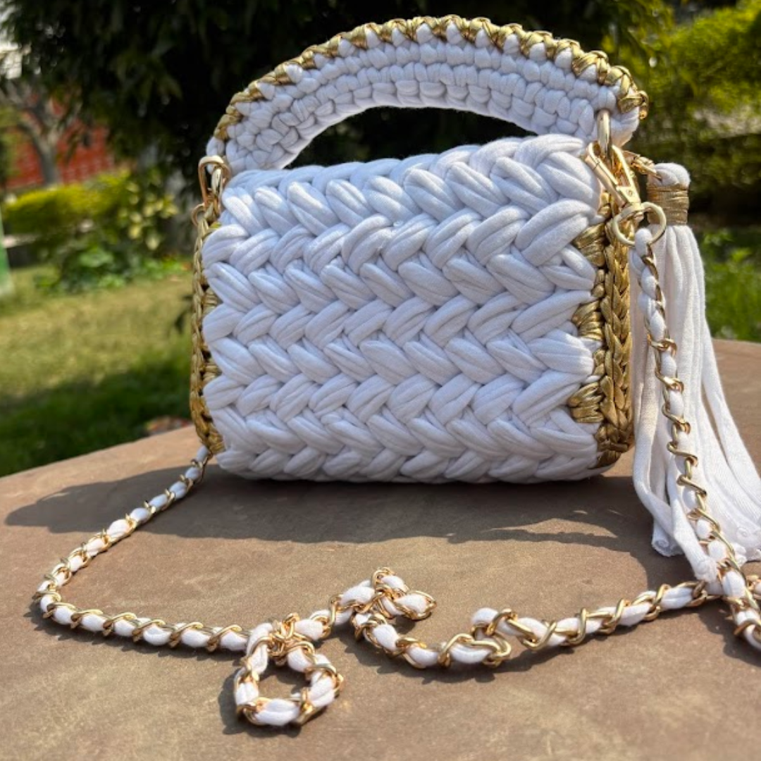 Shiroli Craft Snow White Handmade Crochet Bag with Metallic Gold Border - Image 6