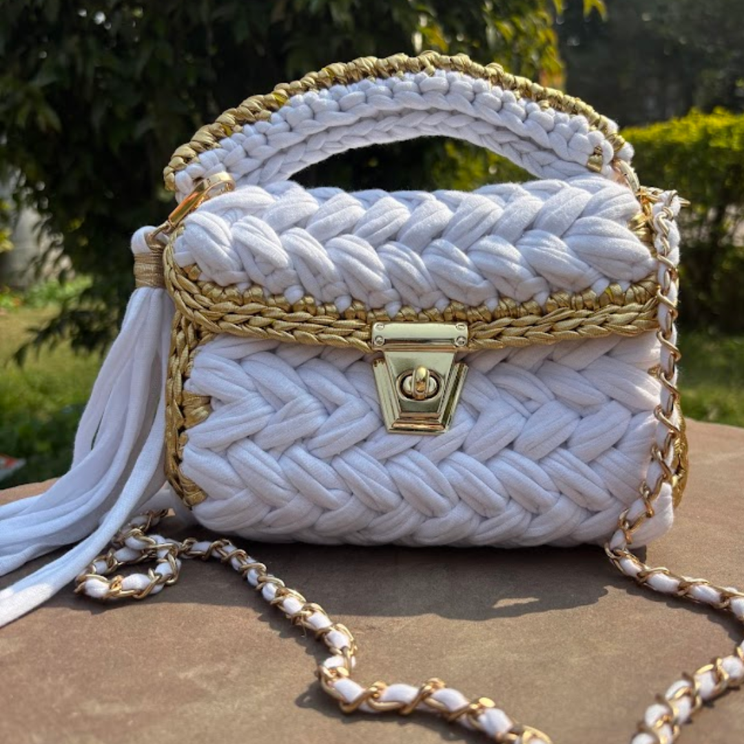 Shiroli Craft Snow White Handmade Crochet Bag with Metallic Gold Border - Image 5