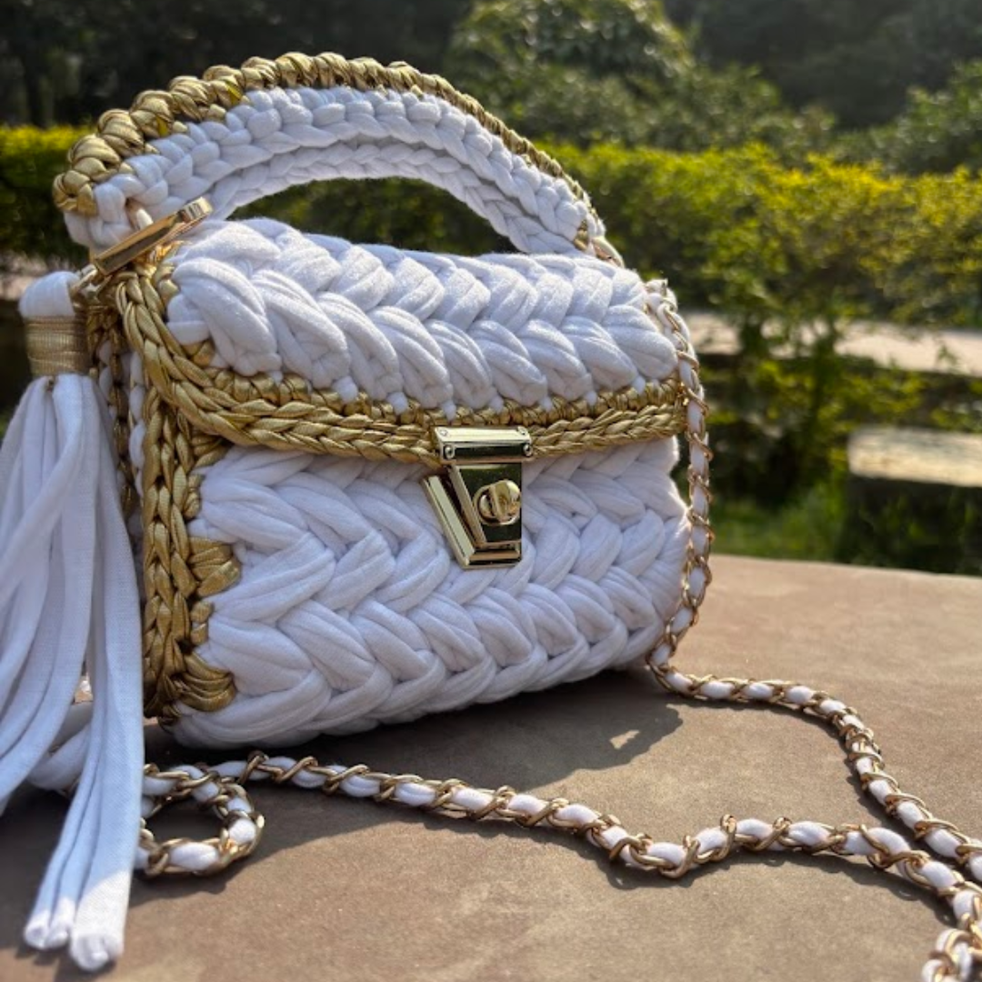 Shiroli Craft Snow White Handmade Crochet Bag with Metallic Gold Border - Image 4
