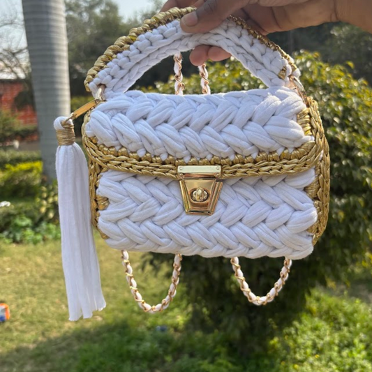 Shiroli Craft Snow White Handmade Crochet Bag with Metallic Gold Border - Image 2