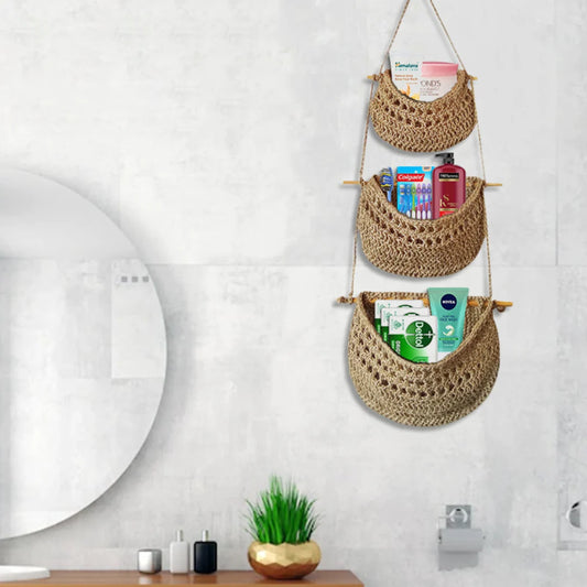3-Tier Wall Crafts Mount Crochet Jute Hanging Basket Image-1