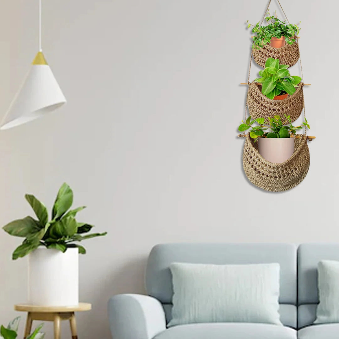 3-Tier Wall Crafts Mount Crochet Jute Hanging Basket Image-6