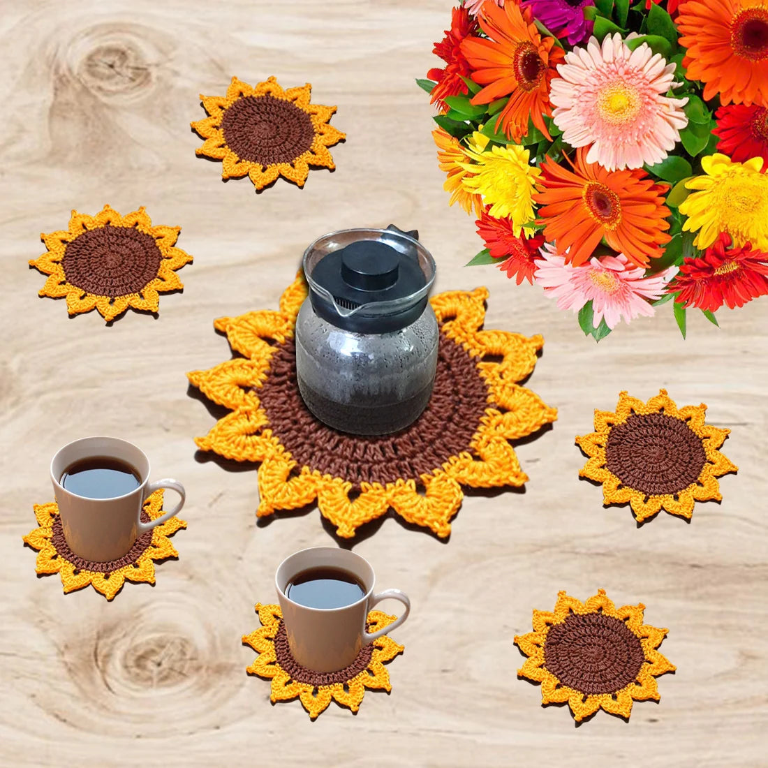 Bright & Cheery Sunflower Crochet Placemat & Coaster Set Image-5