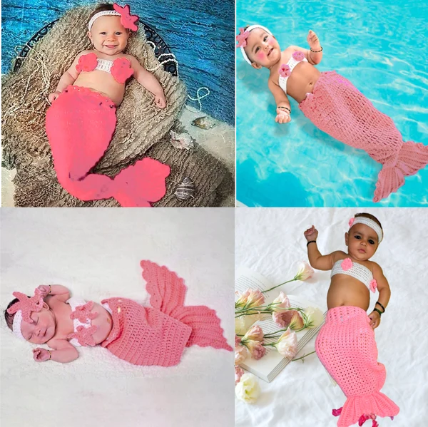 Handmade Crafts Baby Girl Mermaid Crochet Costume - Set of 3(Mermaid Tail, Bralette, Headband) Image-9