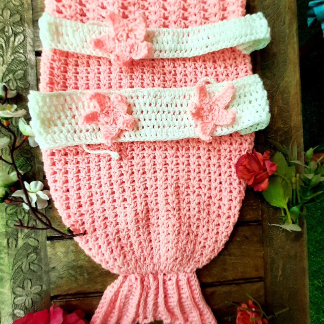 Handmade Crafts Baby Girl Mermaid Crochet Costume - Set of 3(Mermaid Tail, Bralette, Headband) Image-3
