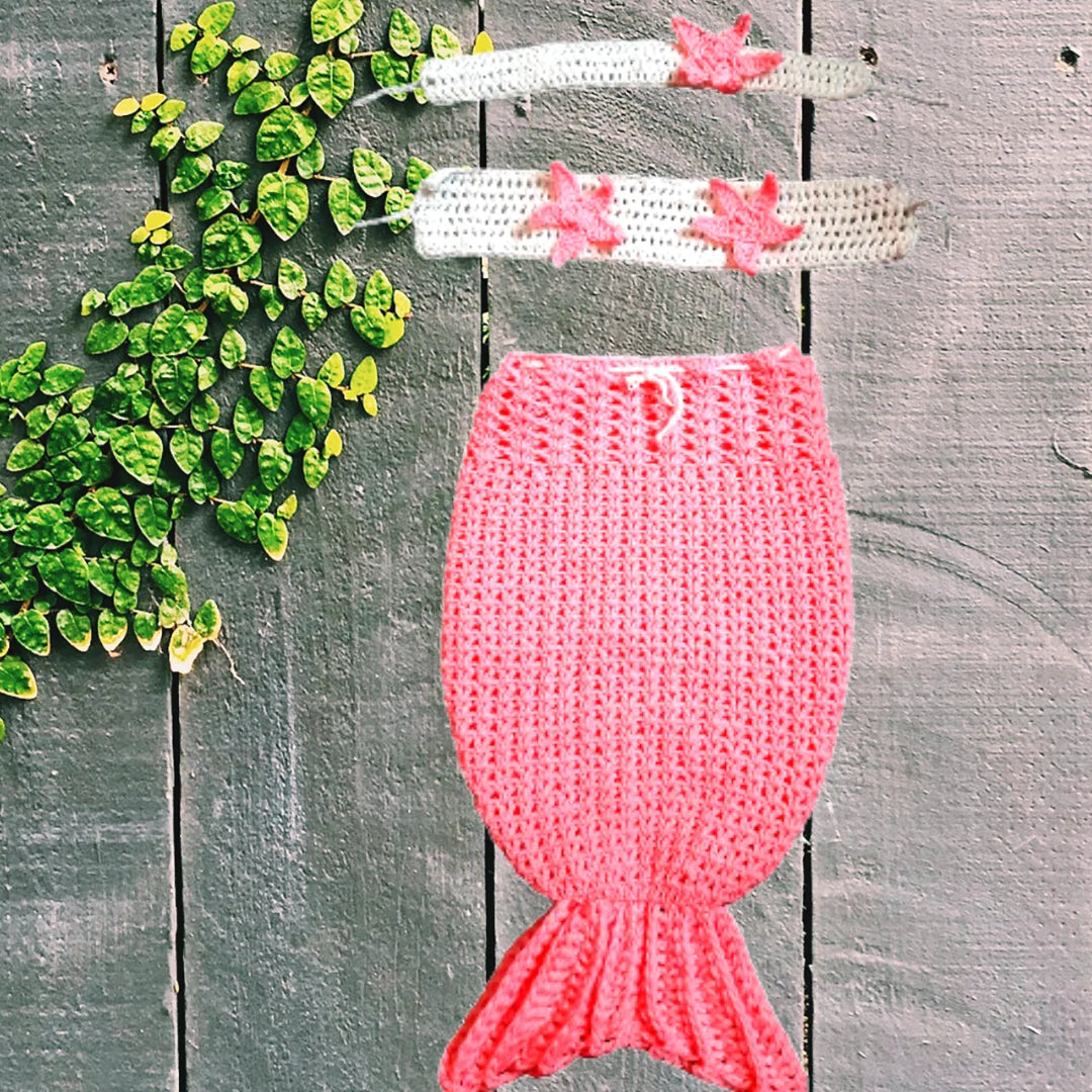 Handmade Crafts Baby Girl Mermaid Crochet Costume - Set of 3(Mermaid Tail, Bralette, Headband) Image-4