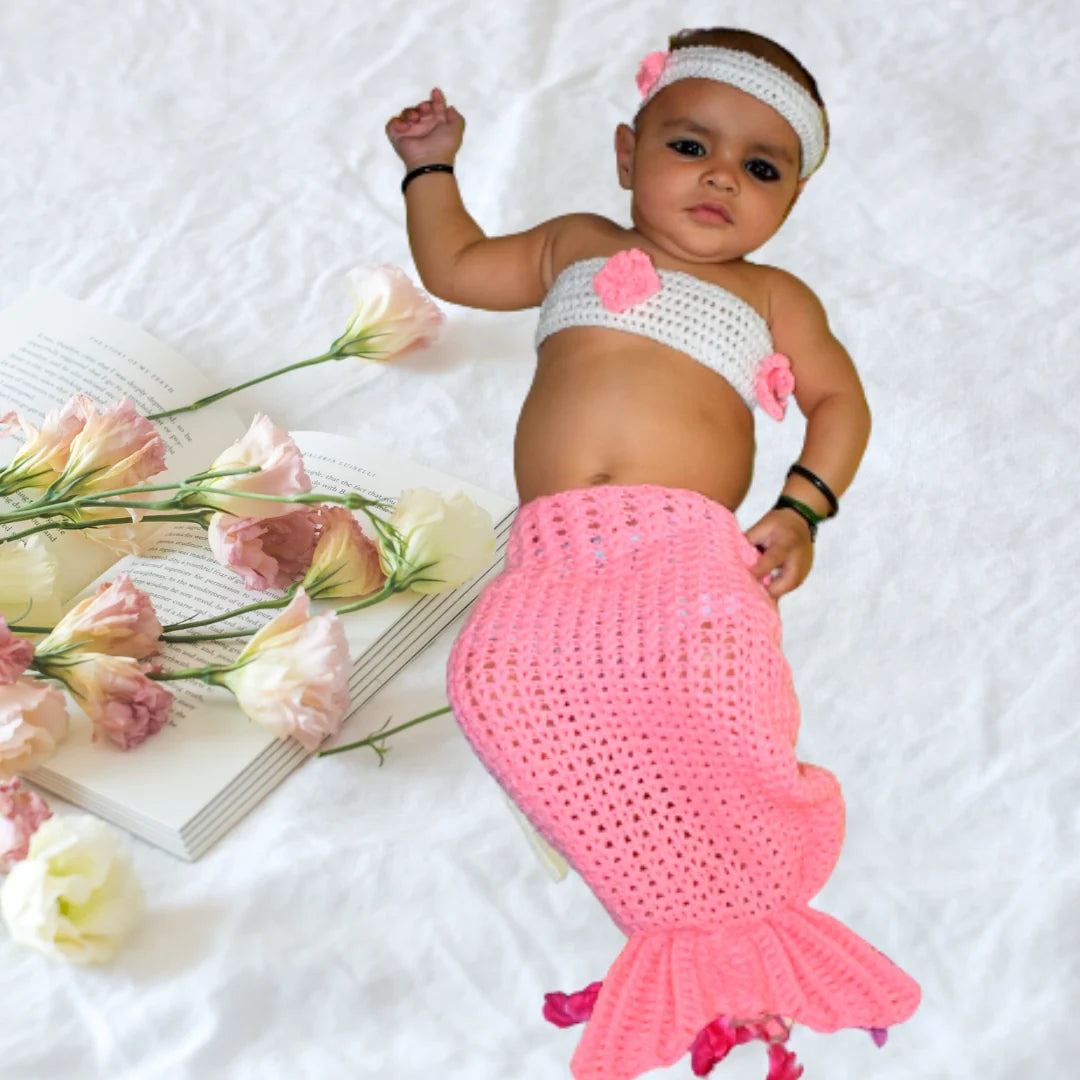 Handmade Crafts Baby Girl Mermaid Crochet Costume - Set of 3(Mermaid Tail, Bralette, Headband) Image-5
