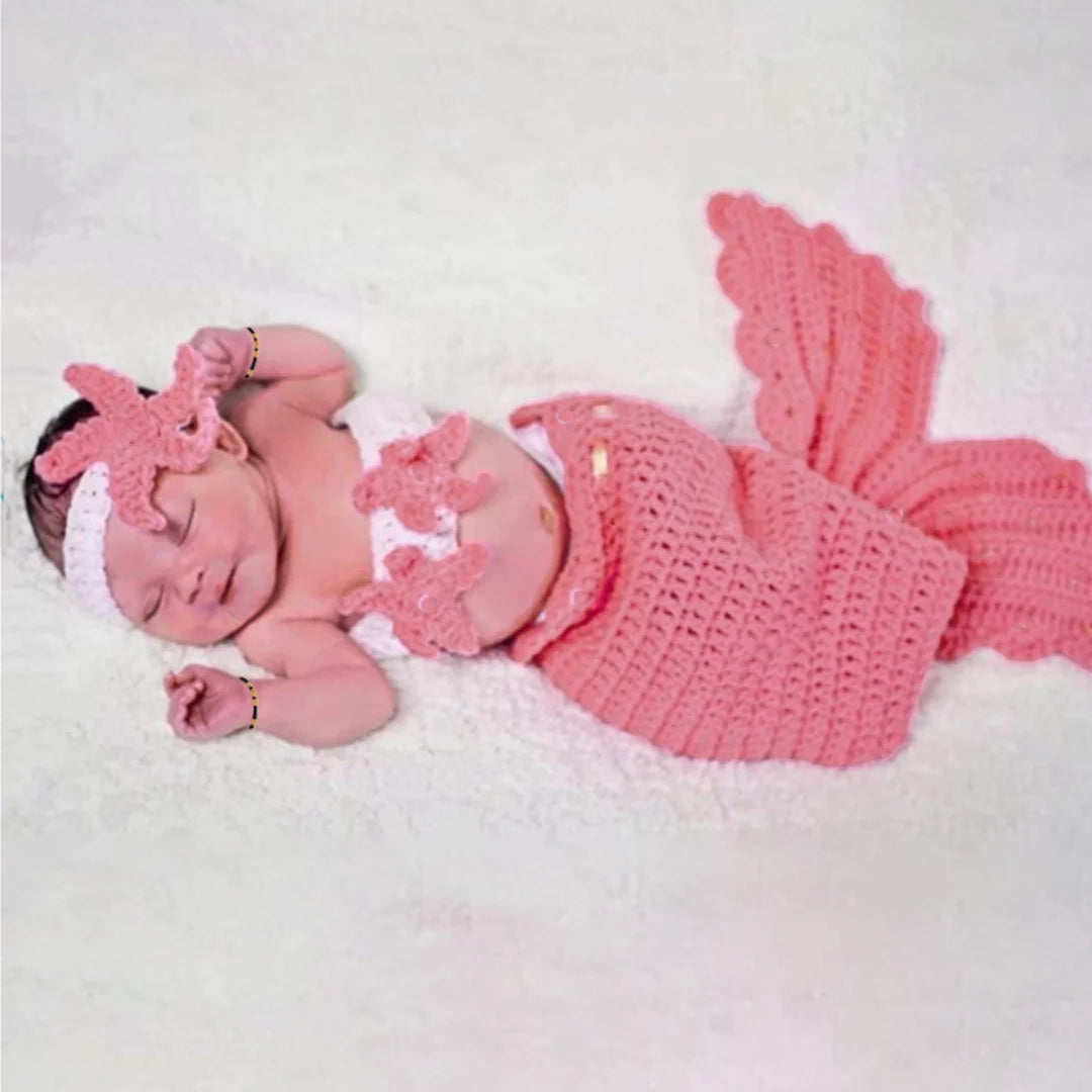 Handmade Crafts Baby Girl Mermaid Crochet Costume - Set of 3(Mermaid Tail, Bralette, Headband) Image-6