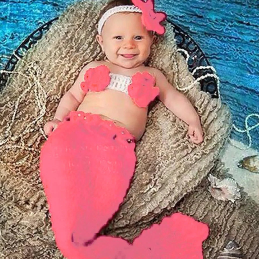 Handmade Crafts Baby Girl Mermaid Crochet Costume - Set of 3(Mermaid Tail, Bralette, Headband) Image-7