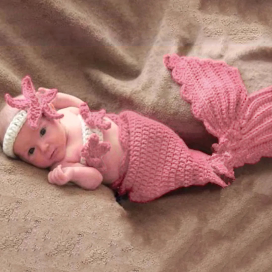 Handmade Crafts Baby Girl Mermaid Crochet Costume - Set of 3(Mermaid Tail, Bralette, Headband) Image-8