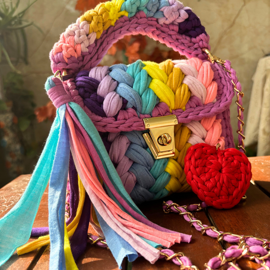 Shiroli Crafts Handmade Designer Festive Rainbow Crochet Bag With Heart Shaped Key Chain - Image 1