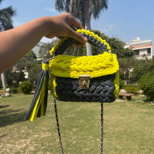 Shiroli Craft Designer Lemon-Grey Handmade Crochet Bag - Image 1
