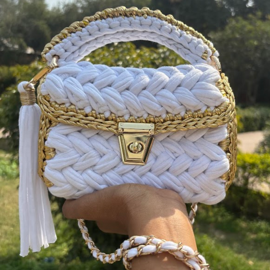 Shiroli Craft Snow White Handmade Crochet Bag with Metallic Gold Border - Image 1